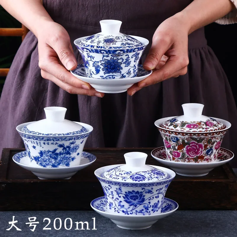 Hand Painted Blue and White Porcelain Gaiwan, Kung Fu Tea Set, Tea Cup, Porcelain Bowl for Travel, Easy Kettle, 200ml, 300ml