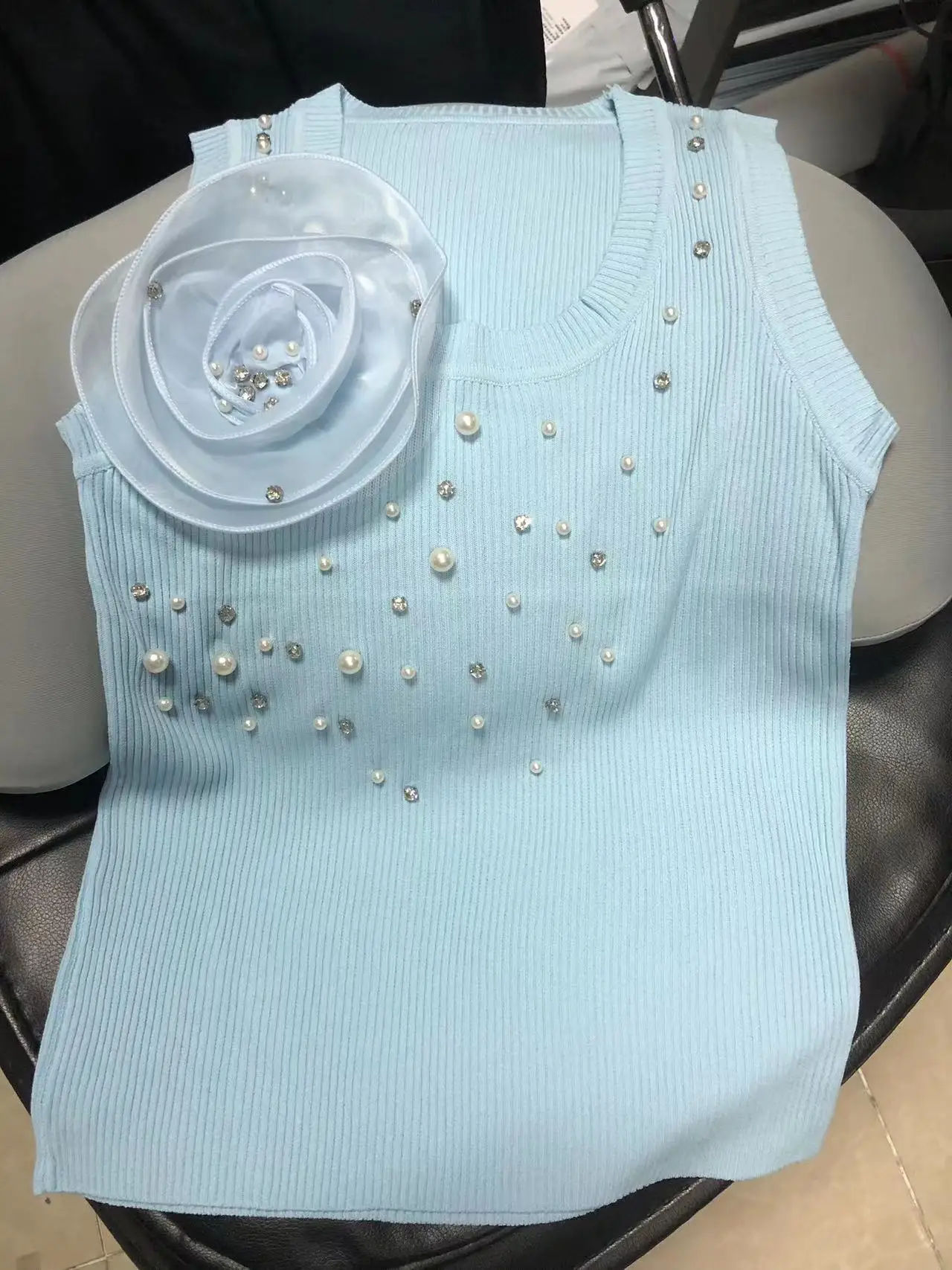 Real Photos 3D Flowers Pearls Diamonds Beaded Tank Top For Women Knitted Camisole Summer 2024 Elastic Top Youthful Woman Clothes