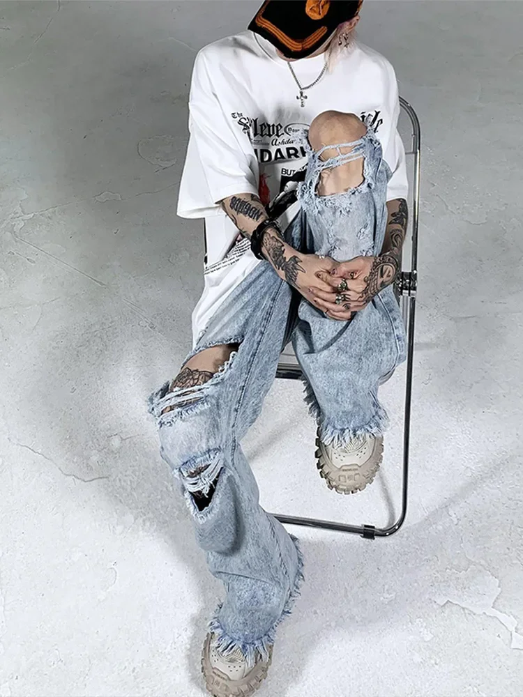 Distressed Ripped Holes Jeans Pants For Man Straight-leg American Style Pants Slimming Bell Bottoms Loose Fit Summer Thin Pants