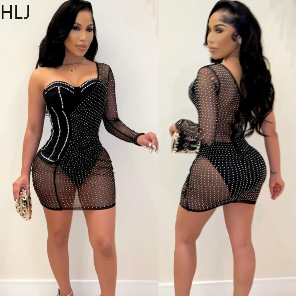 

HLJ Sexy Mesh Perspective Rhinestones Party Nightclub Dresses Women One Shoulder Sleeve Bodycon Dress Female Backless Vestidos