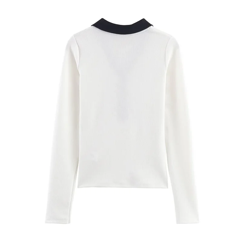 Top de mujer 2025 otoño nuevo estilo Color sólido Top de punto de manga larga con detalles de bloques de Color diseño Simple Casual y de moda