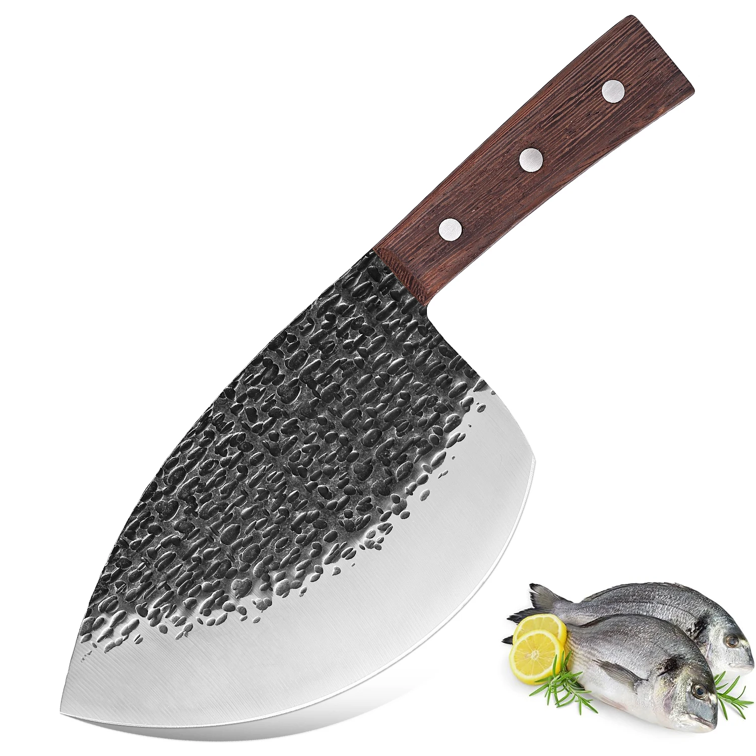 XITUOHand Forging Serbian Chef Knife Full Tang Kitchen Knife High Carbon Steel Wooden Handle Butcher Round Head Fish Knife