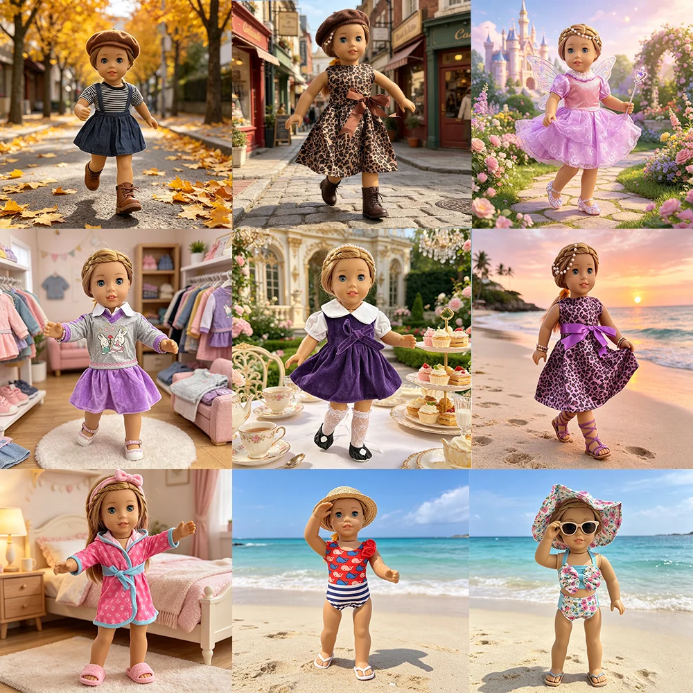 Muñeca de 18 pulgadas con múltiples vestidos, trajes de baño, conjuntos de ropa para dormir y otros prendas de vestir adecuadas para muñecas de 18 pulgadas, accesorios para muñecas