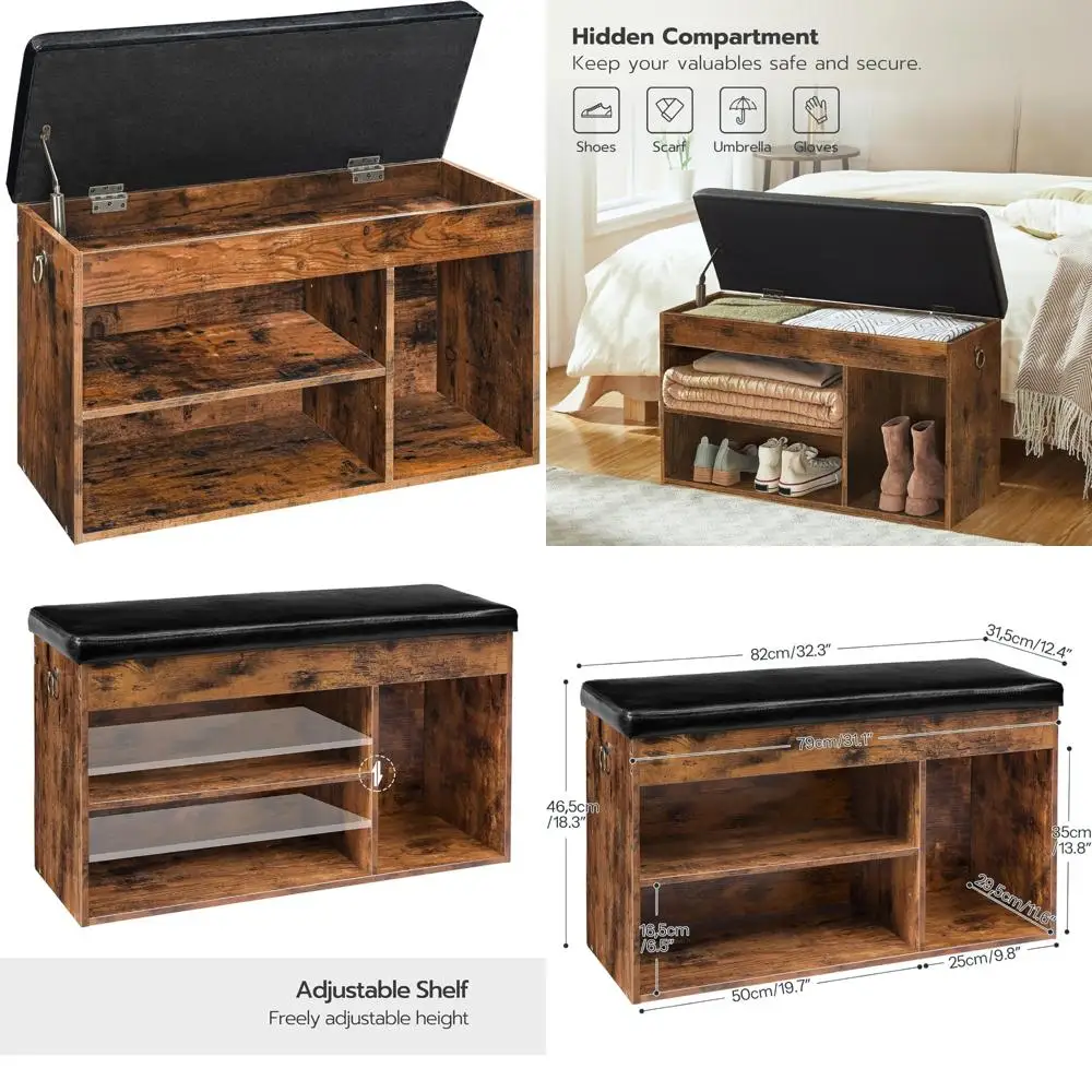 Padded Cushion Storage Bench, Entryway Shoe Rack with Flip-Open Box and Adjustable Shelf