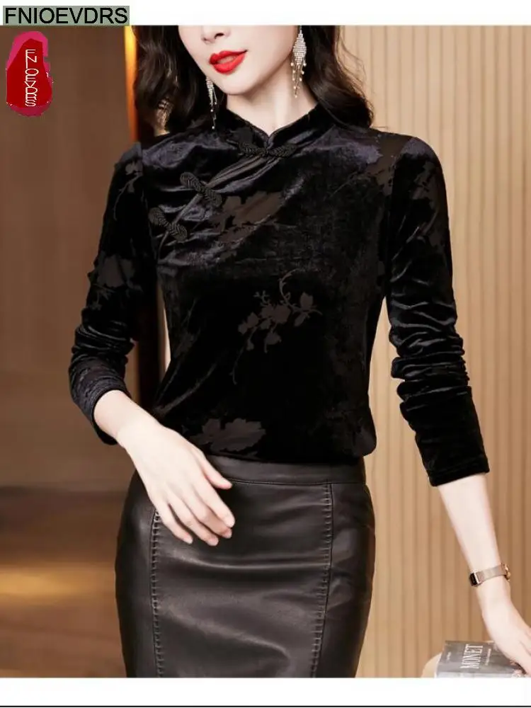 S-2XL Women Winter Spring Basic Shirt Wear Elegant Office Lady Stand Ruffles Retro Vintage Black Tops And Blouses