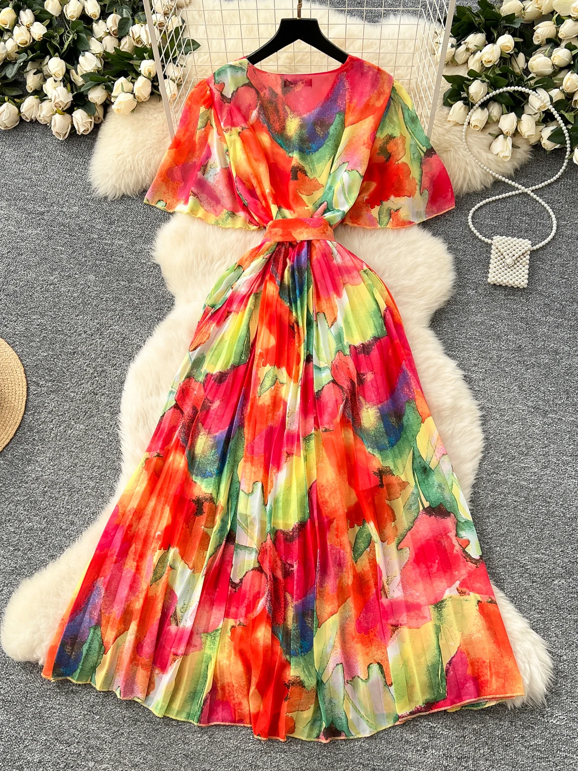 E Vestido de Gasa con Estampado, Cuello en V, Manga Campana, Cintura Alta con Lazo, Estilo Coreano, Vestido Línea A, N...