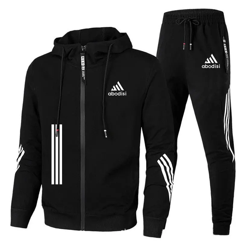 2024 Spring And Autumn New Men\'s Striped Jacket Hooded Zipper Jacket And Trousers Casual Sportswear Fashion Men\'s Clothing