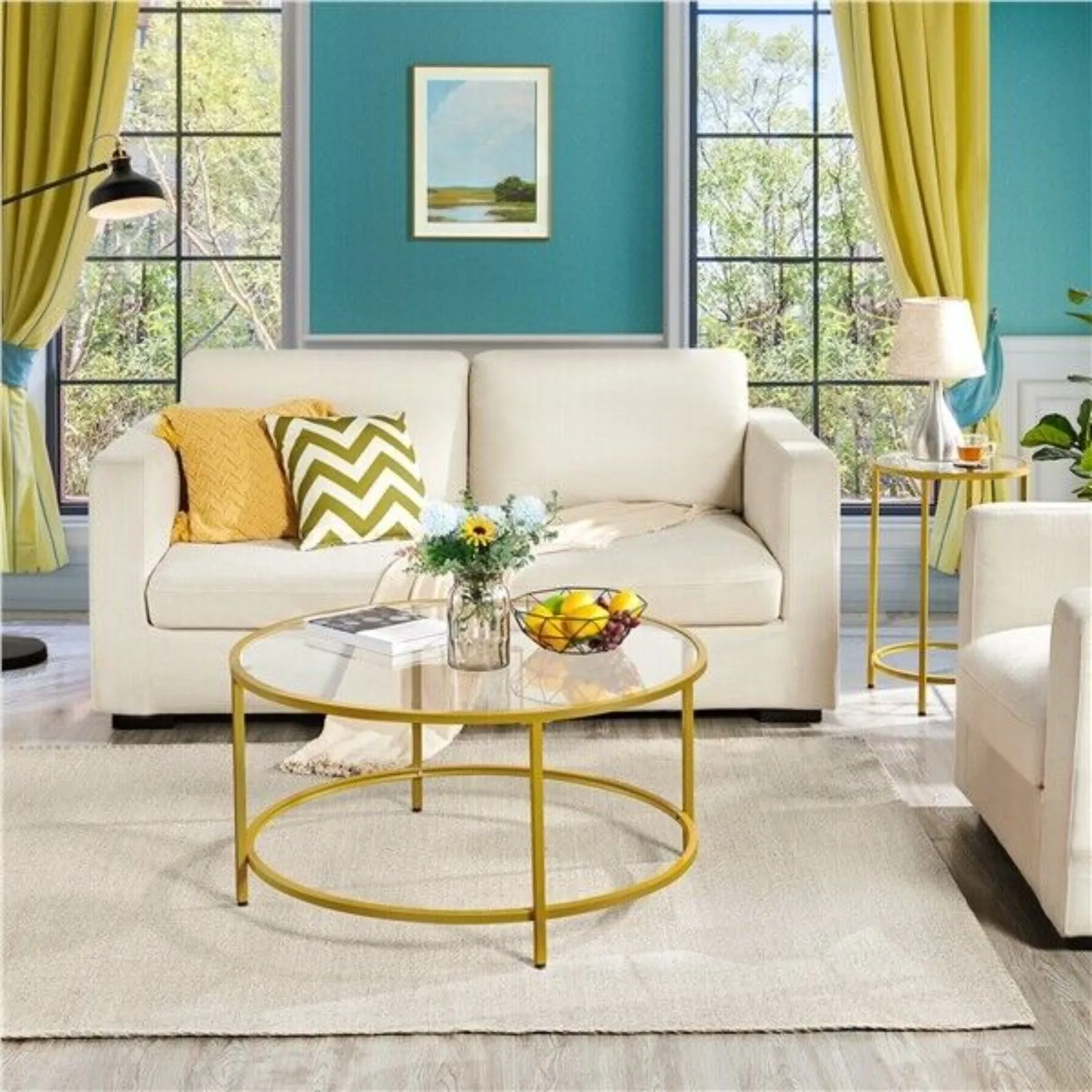 Modern Coffee Table Round End Table w/ Glass Top for Living Room,Apartment,Gold United States