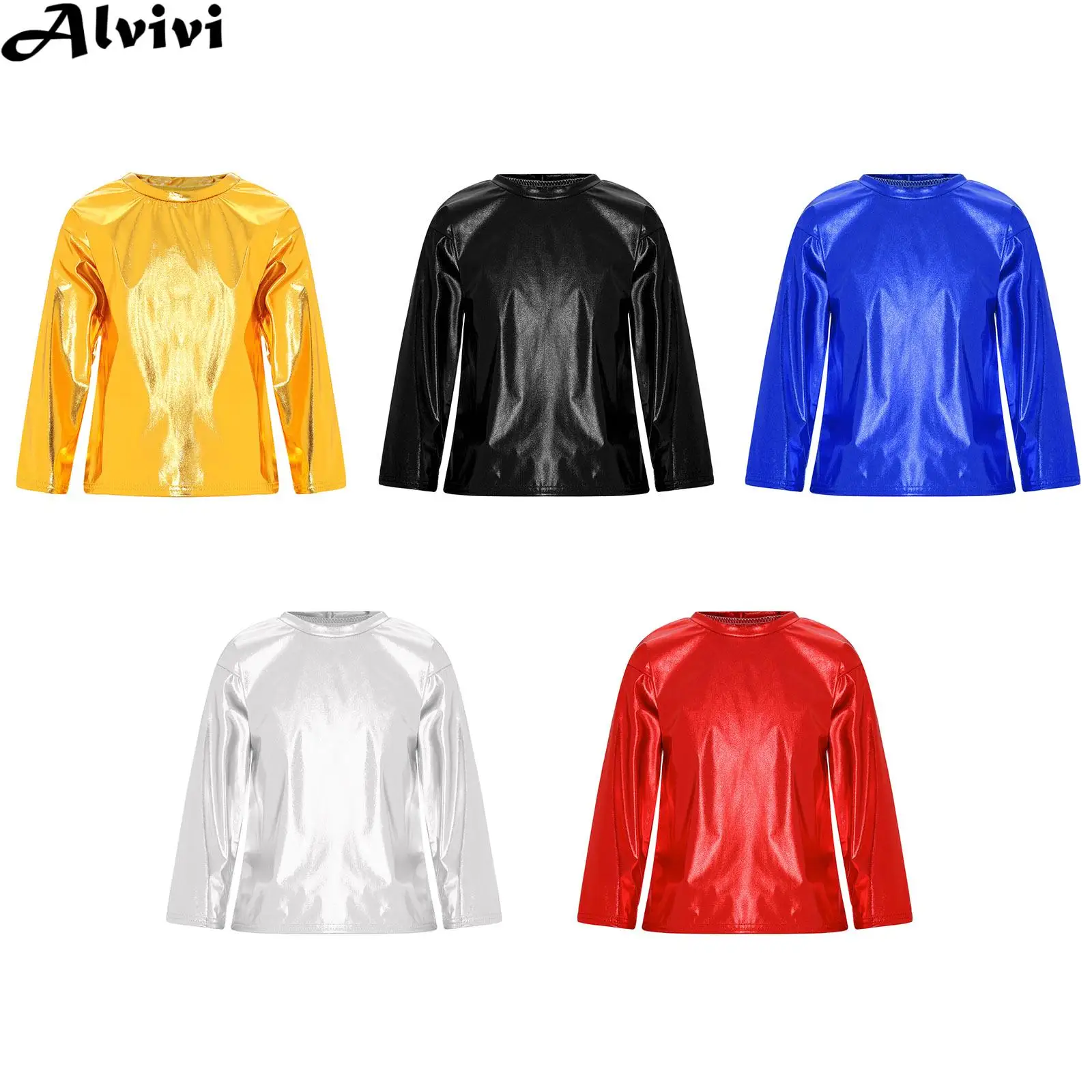 Kids Metallic Shiny T-shirt Hip Hop Jazz Street Dance Performance Costume Long Sleeve Tee Tops for Carnival Party School Show
