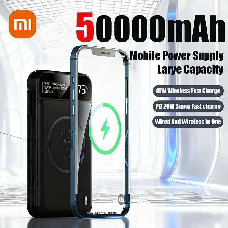 Xiaomi Power Bank 50000mah Wireless Charging For Magsafe Magnetic Charging Built-in Wire Mobile Phone Battery For IPhone Xiaomi