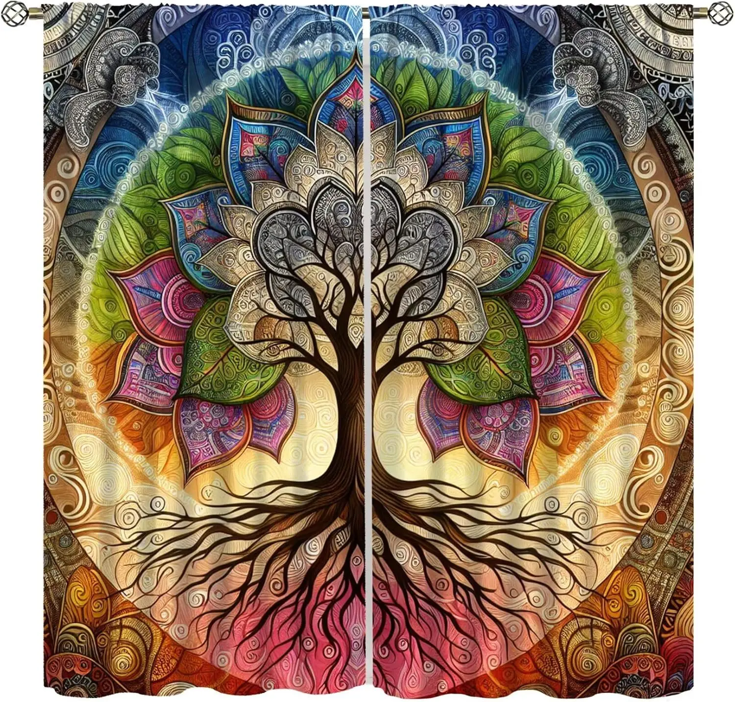 Retro Mysterious Tree of Life Curtain,Bohemian Vintage Abstract Mandala Flower Large Tree Plant Blackout Window Curtain