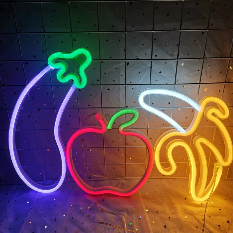 LED Eggplant Neon Sign Light for Bar KTV Snack Shop Decor Juice Letter Apple Fruilt Neon Lamp Christmas Wall Decor Birthday Home