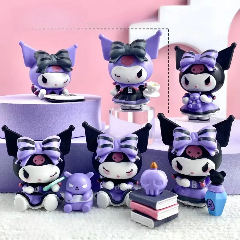 

6Pcs Sanrio Kuromi Cute Toy Decoration Dolls Anime Action Figure Q Figural Cake Car Desk Decoration Model Children Birthday Gift