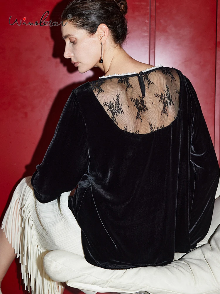 Winsleter-Bottom 100%Real Silk Elegant Velvet T-shirt, Beading Back Lace, Woman Retro Commute Loose Top, 2026 Spring T61408CC