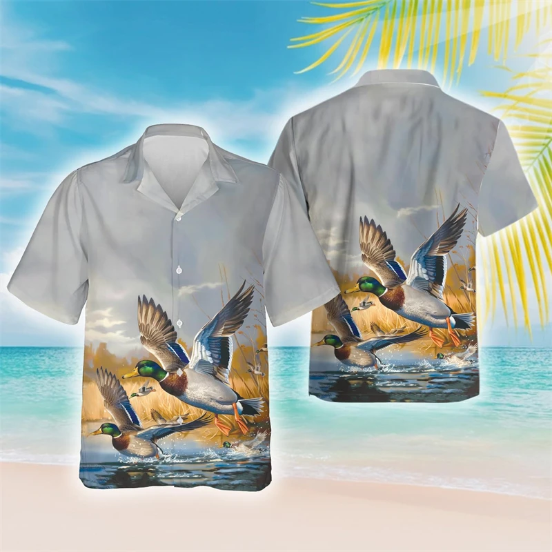 Hunting Mallard Graphic Shirts For Men Clothes Casual Duck Lapel Blouse Hawaiian Male Short Sleeve Blouses Women Button Tops