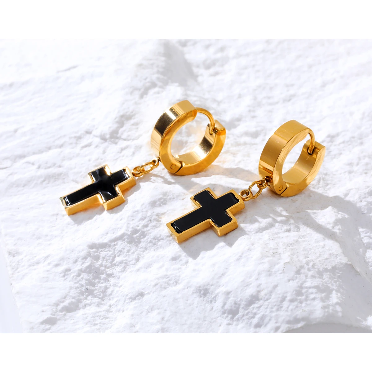 YACHAN Classic Cross Stainless Steel Drop Earrings for Women Black Acrylic Charm Huggie Earring Faith Jewelry Waterproof