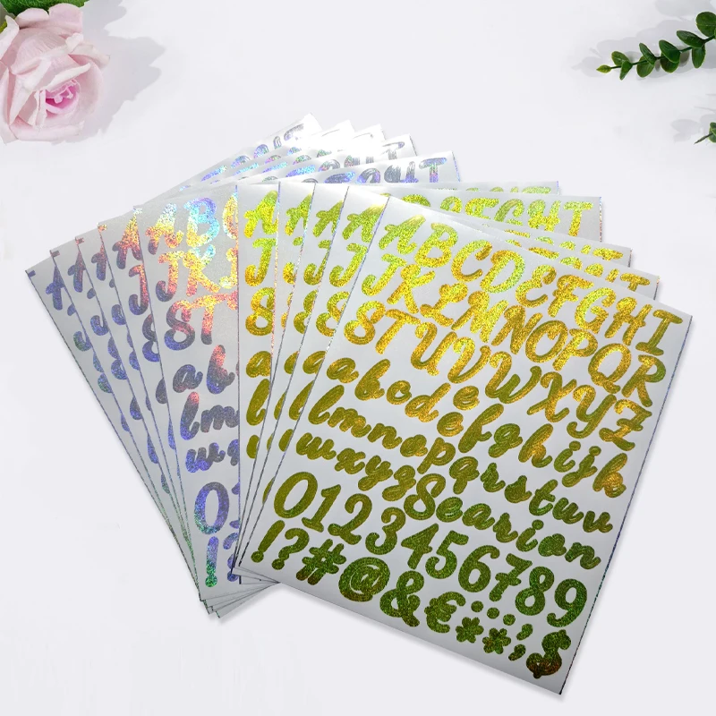 

10 листов блестящих наклеек с золотыми буквами, золотые, серебряные наклейки с буквами алфавита и цифрами, самоклеящиеся наклейки с буквами и цифрами