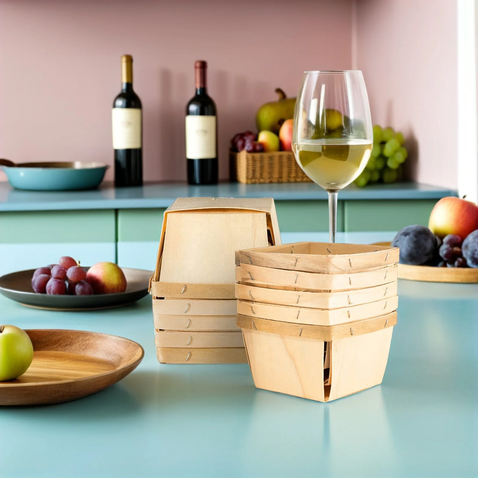 

10pcs Wooden Fruit Baskets Wood Material Home Restaurant Outdoor Picnic Storage ganizer Small Basket Kitchen