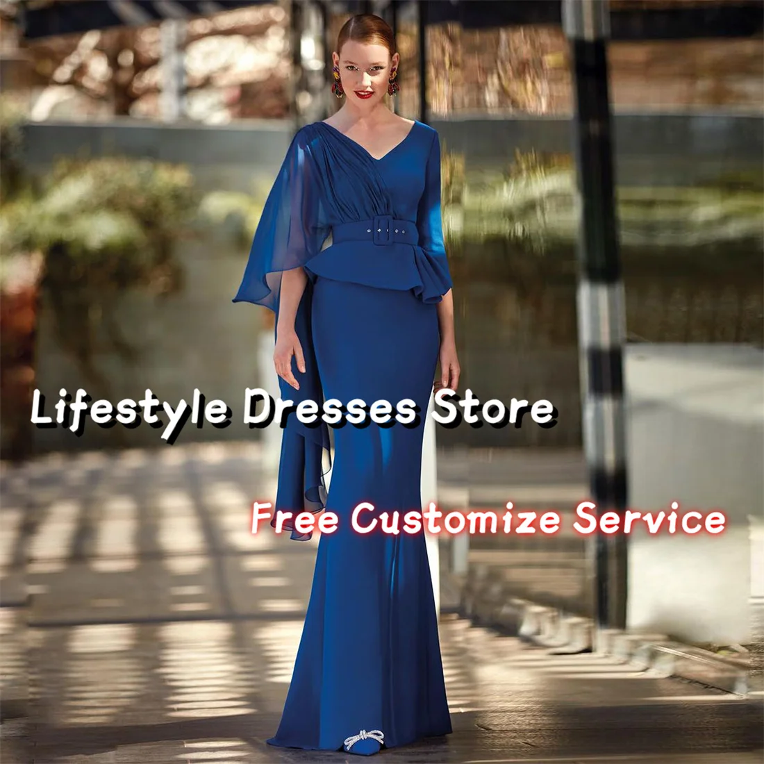 

Blue V-Neck Chiffon Cape Sleeve Mermaid Mother Of The Bride Dresses Formal Wedding Guest Party Gown elegantes 2024 juveniles