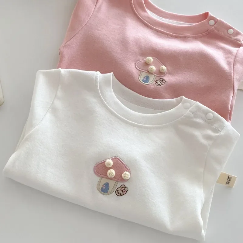 Girls' Solid Color Base Shirt 0-5Y Autumn Kids Baby Clothes Baby Girl Mushroom Embroidery Long Sleeve T-shirts