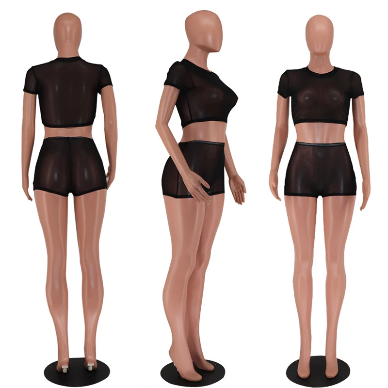 BKLD Sexy Casual Perspective Tight Fit 2-częściowy dopasowany garnitur dla kobiet Okrągły kołnierzyk Krótki rękaw Crop Tees+Shorts Solid Outfits — zdjęcie 7