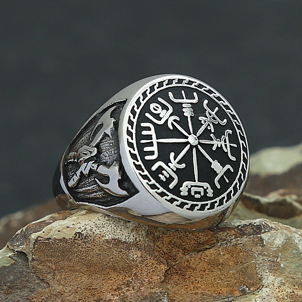 Vintage Stainless Steel Viking Compass Ring For Men Boys Nordic Viking Double Axe Rings Fashion Amulet Mythology Jewelry Gifts