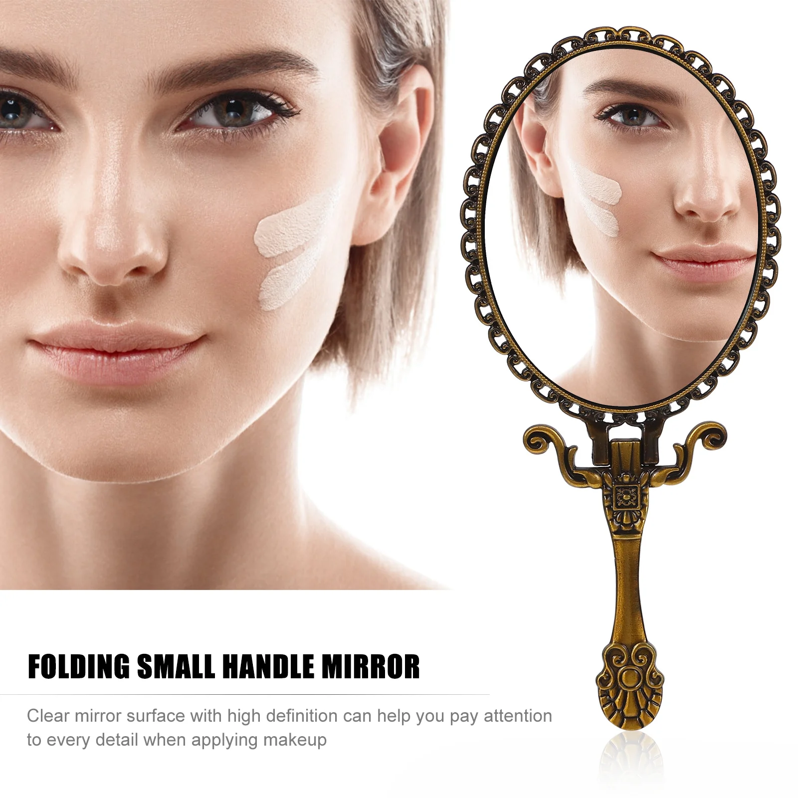 

Retro Foldable Makeup Pocket Mirror Portable Handheld Clear Surface Tool Travel Embossed Flower Mirror