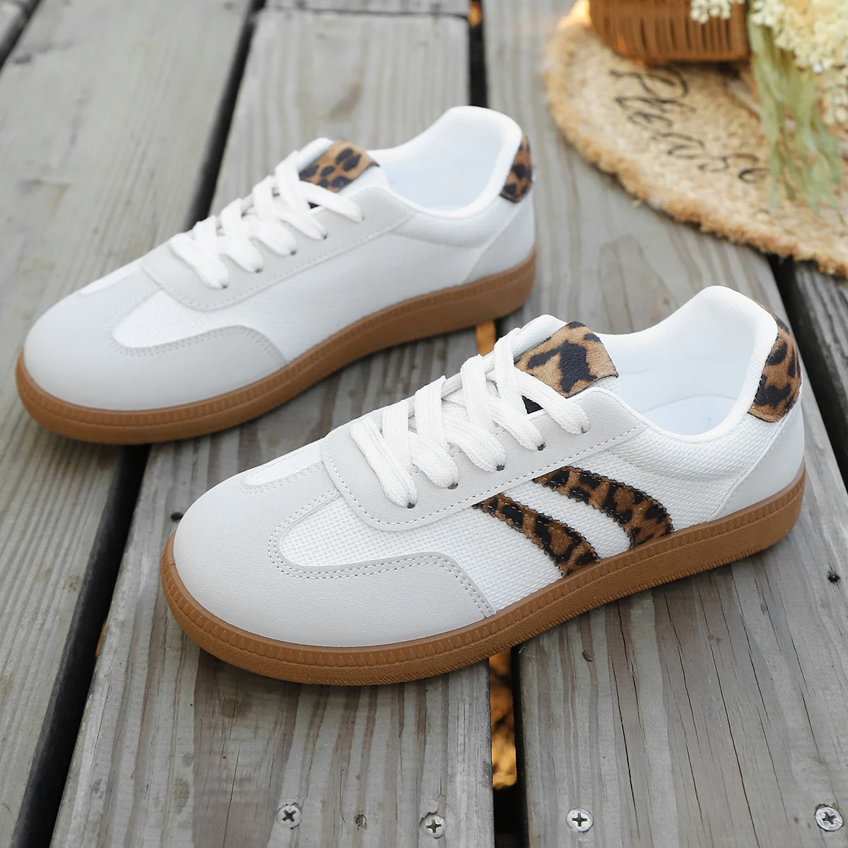 Fashion Leopard Print Sneakers Women's Soft Flat Lace-up Casual Sports Shoes Daily Athletic Running Shoes German Army Trainers