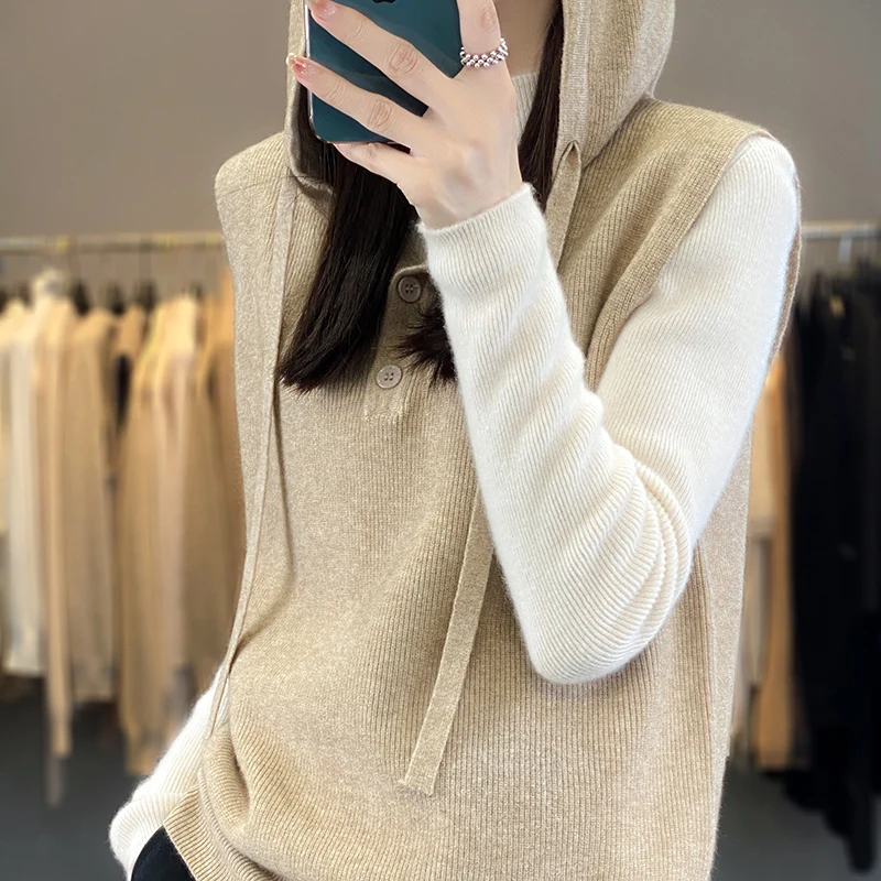 New Autumn Winter Merino Wool Hooded Pullover Women\'s Vest With Hood Sleeveless Vest Knitted Outerwear Fashion Soft Casual Style