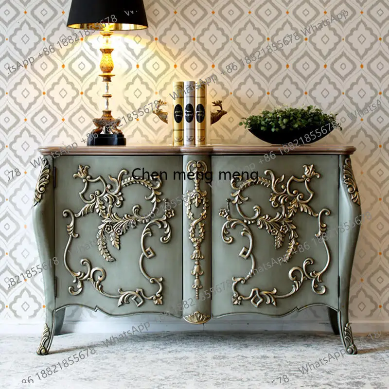 

French retro style solid wood dining side cabinet facing the entrance, carved decorative locker