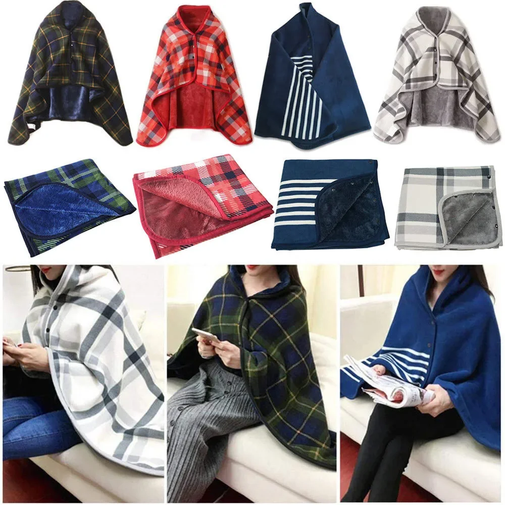 Fleece Wearable Blanket, Plaid Lap Blanket Comfy Poncho Throw with Button Plaid Throw Cushion for Bed Sofa Office view 6