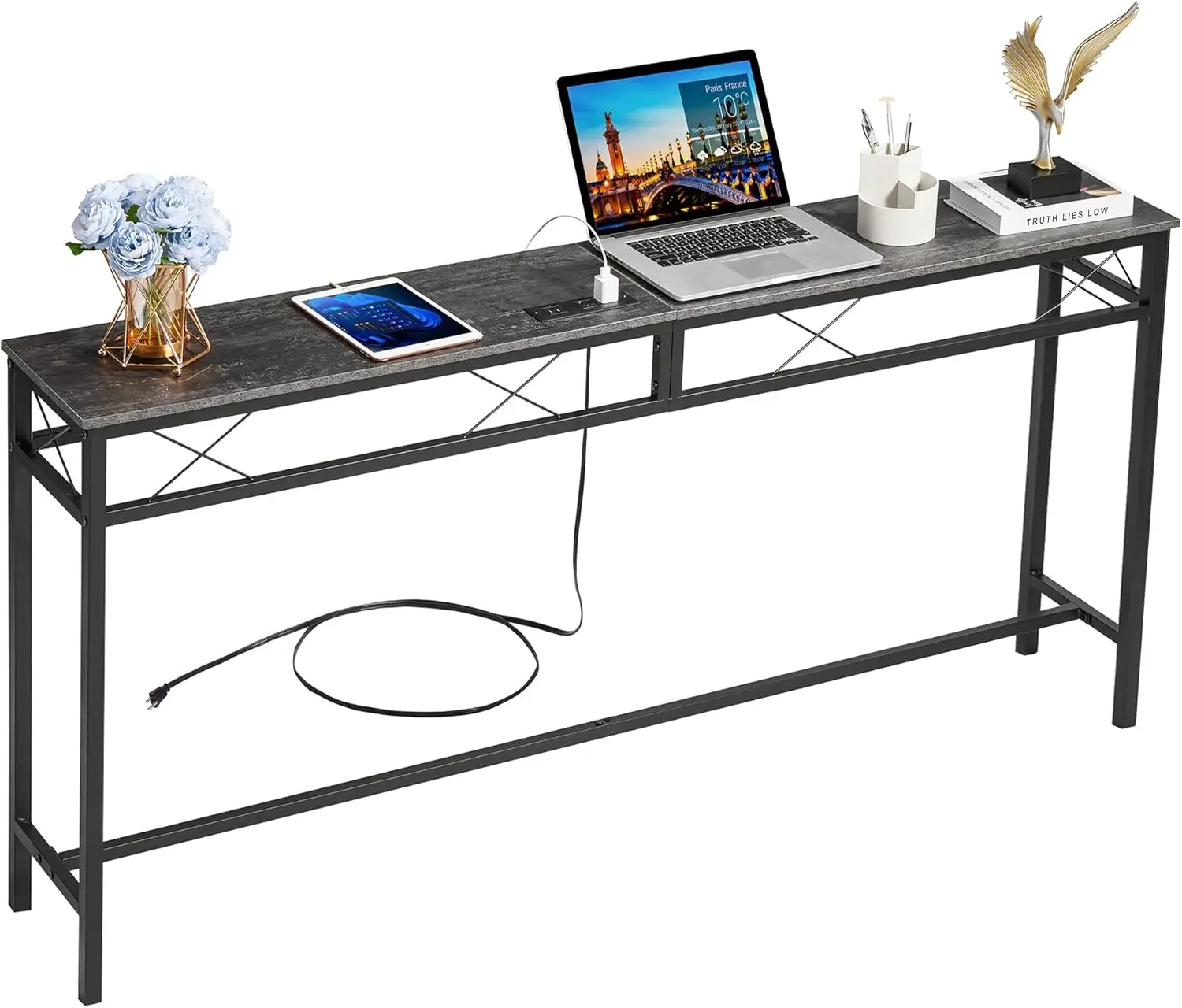 71In Extra Long Narrow Sofa/Console Table with Charging Station & Power Outlet and USB Ports, for Entryway, Living Room