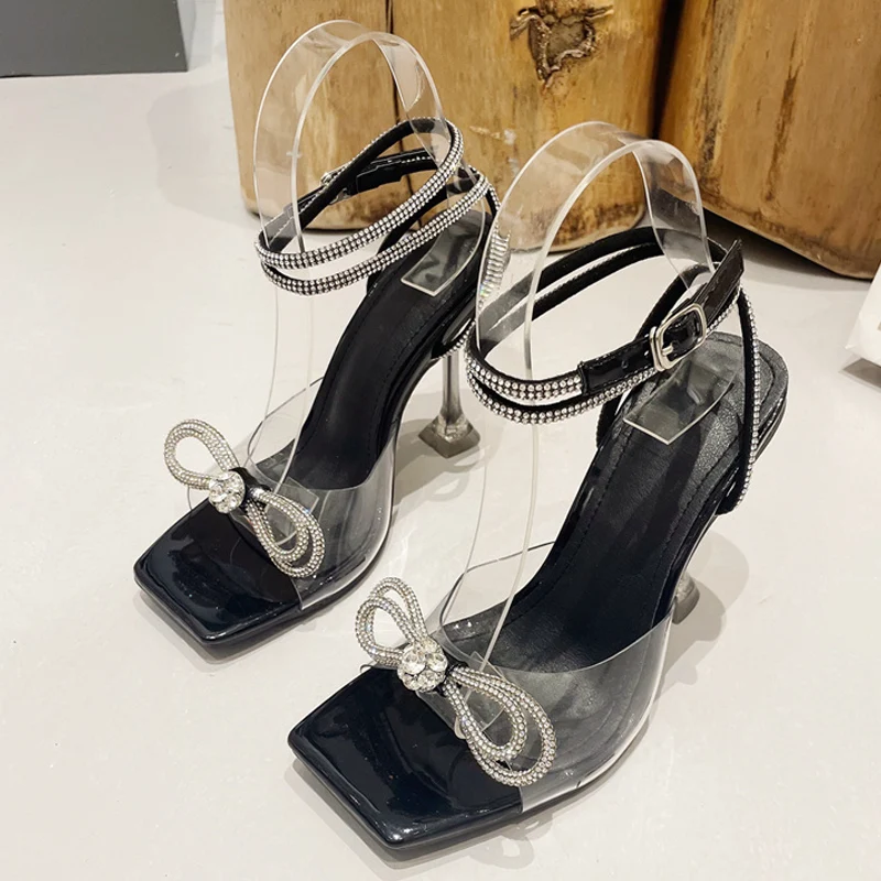 VEYKE-Escarpins à talons hauts avec nœud papillon pour femme, chaussures transparentes en PVC avec biscuits en cristal, sandales de fête de mariage