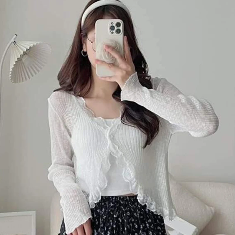 Summer Korean Women's Solid Color Lace V-neck Long Sleeve Knitted Sunscreen Cardigan