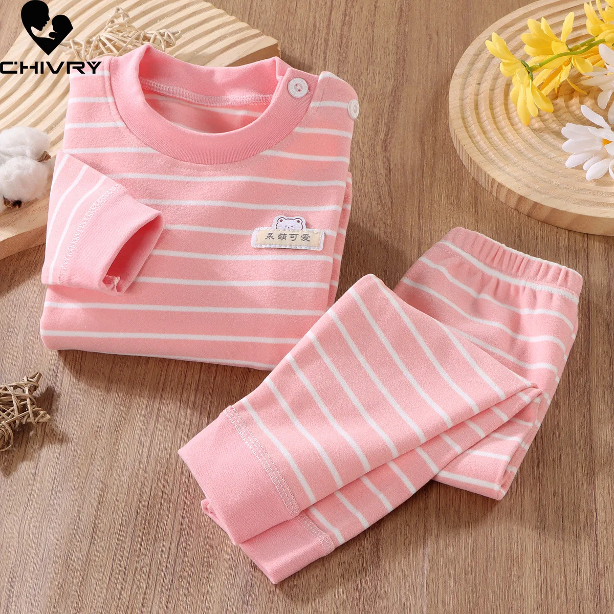 Conjunto de pijama a rayas para niños y niñas, camiseta de manga larga con cuello redondo y pantalones, ropa de dormir cálida para otoño, novedad de 2023