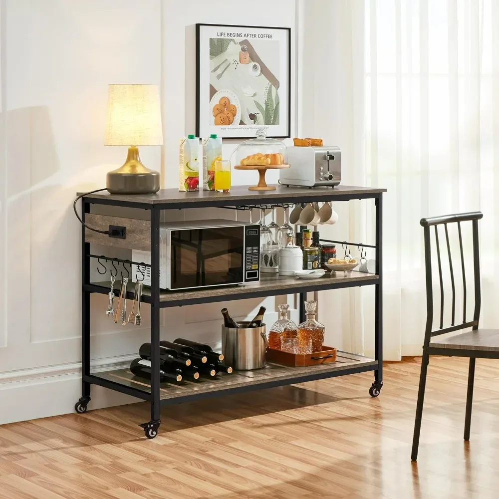 Kitchen Cart, with Power Outlet, Rolling Kitchen Island on Wheels with Glass Holder & Hooks, Trolley Cart with Lockable Casters