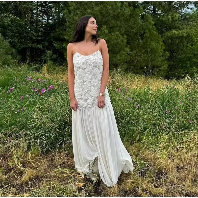 فاخر ريترو ثلاثية الأبعاد زهرة المرأة فستان طويل بلا أكمام عارية الذراعين المرقعة شبكة فساتين ضئيلة حفلة عطلة المرأة رداء أسود أبيض