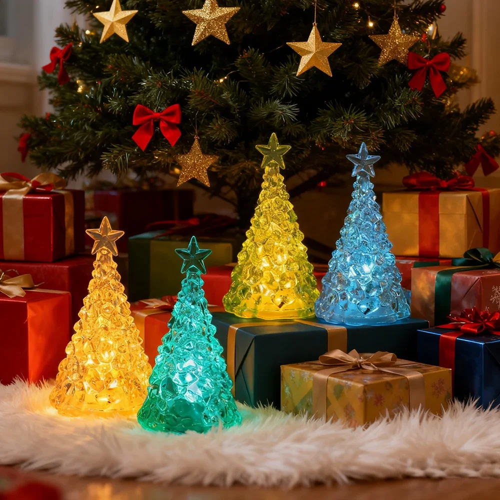 2pcs Christmas Crystal Night Lights Christmas Tree Night Lamp Glitter Christmas Trees Lighted Crystal Christmas Tree Figurine
