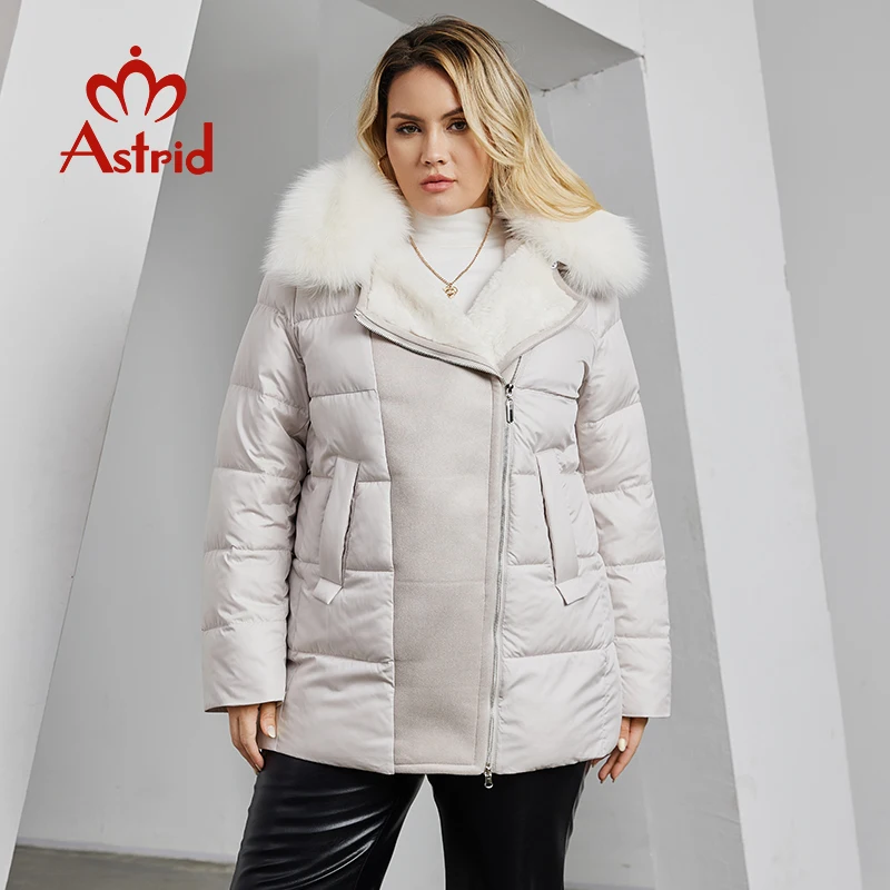 Astrid Women\'s Jacket Winter 2023 Plus Size Down Jackets Big Fur Collar Hooded Stitching Thickened Fleece Plush Coat Women Parka