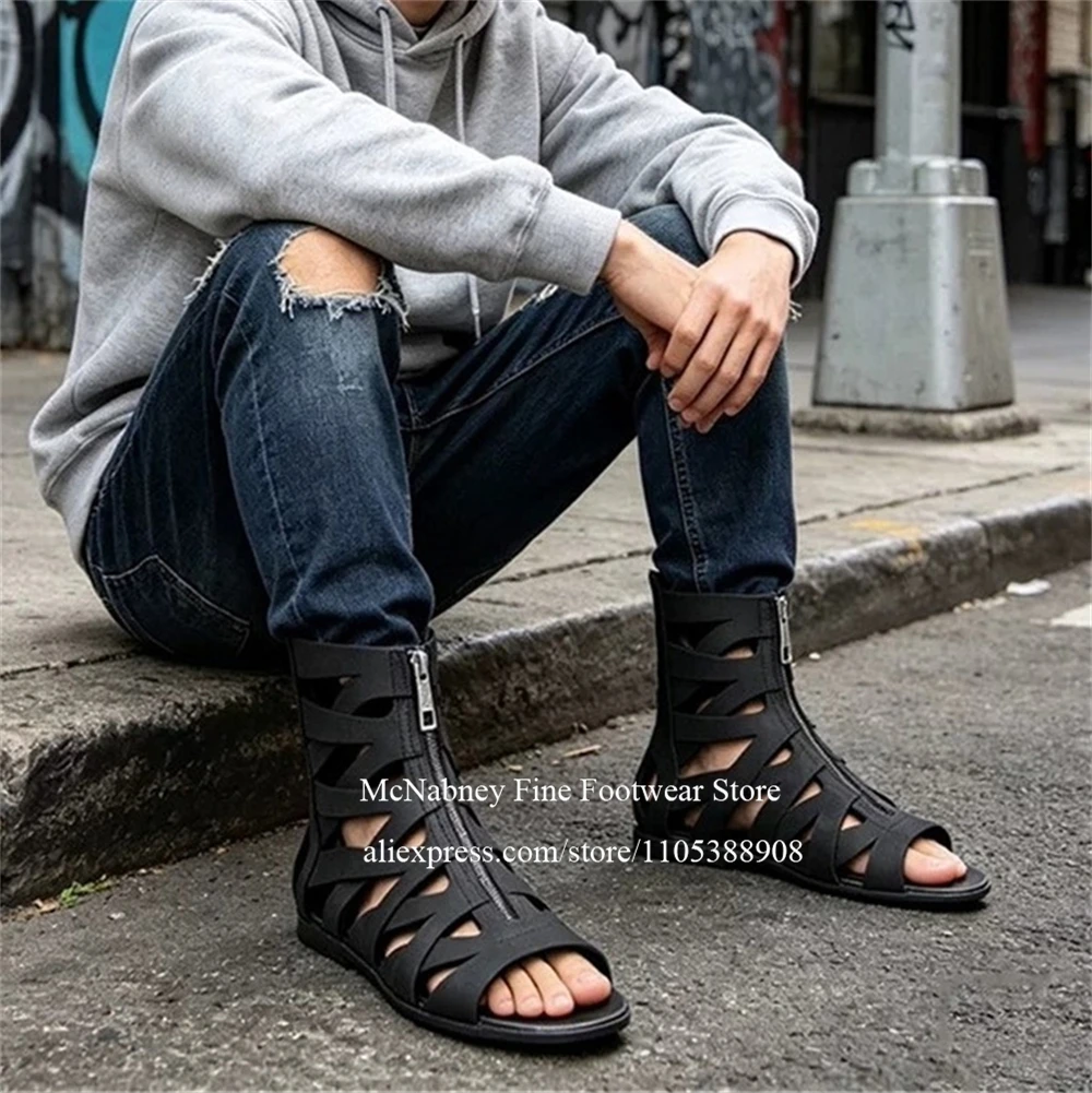 

Faux Leather Front Zipper Cutout Gladiator Flat Sandals for Men Open Toe Roman Flats Casual Shoes Streetwear Men Summer Shoes