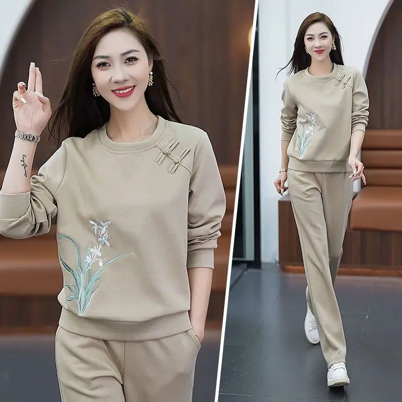 

Sportswear Suit Womens Fashion Retro National Round Neck Sweater Temperament Long Sleeve Casual Two-piece Set Spring and Autumn