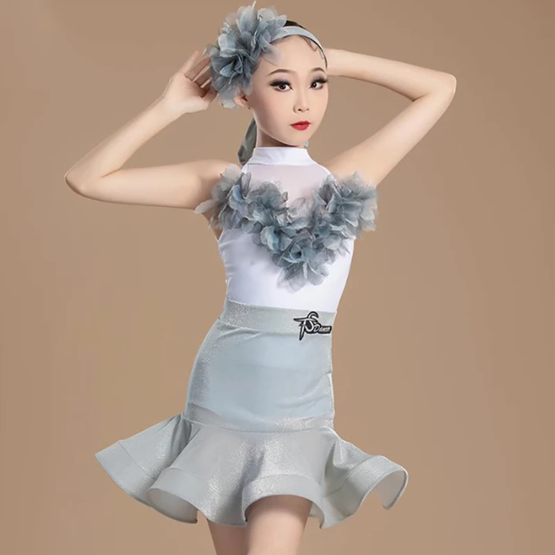 

Kids Girls New Flower Latin Dancewear Halter Backless Split Performance Dress Bright Silk Practice Costume with Headwear