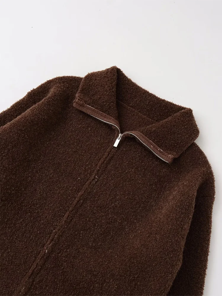 HH Woman Turn-down Collar Zipper Pilot Jacket Solid Zipper Woman Autumn Fashion Pockets Long-Sleeve Street Style Resilience Coat