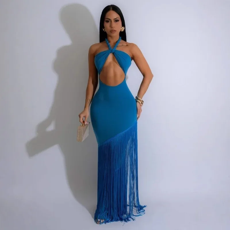 

GUWU Women Halter Off Shoulder Tassel Sleeveless Long Dress Summer Street Beach Evening Sexy Backless Night Party Dresses