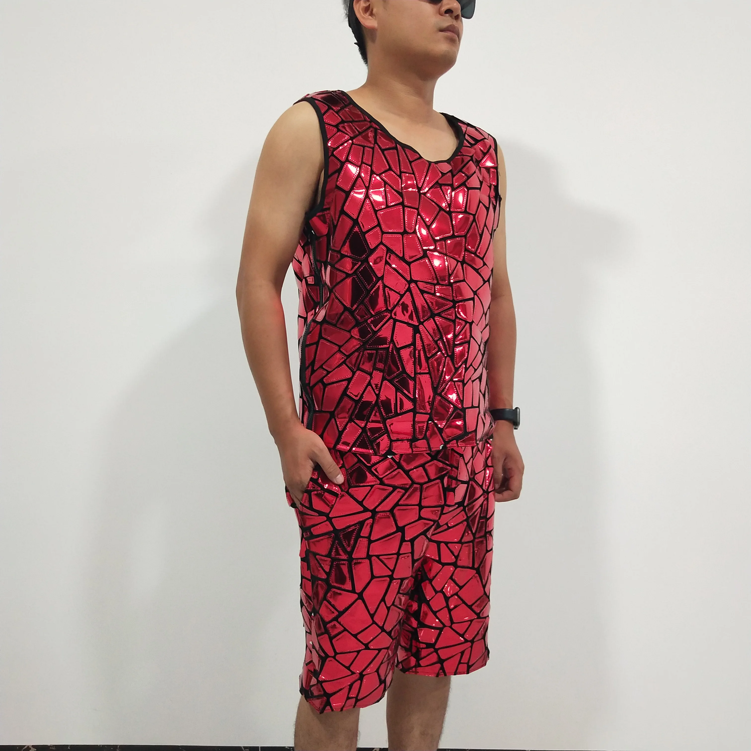 الأحمر الليزر الترتر لامعة سترة السراويل قطعتين مجموعة الذكور الهيب هوب الجاز ملابس رقص مجموعة نادي حفلة كرنفال تظهر مهرجان الملابس