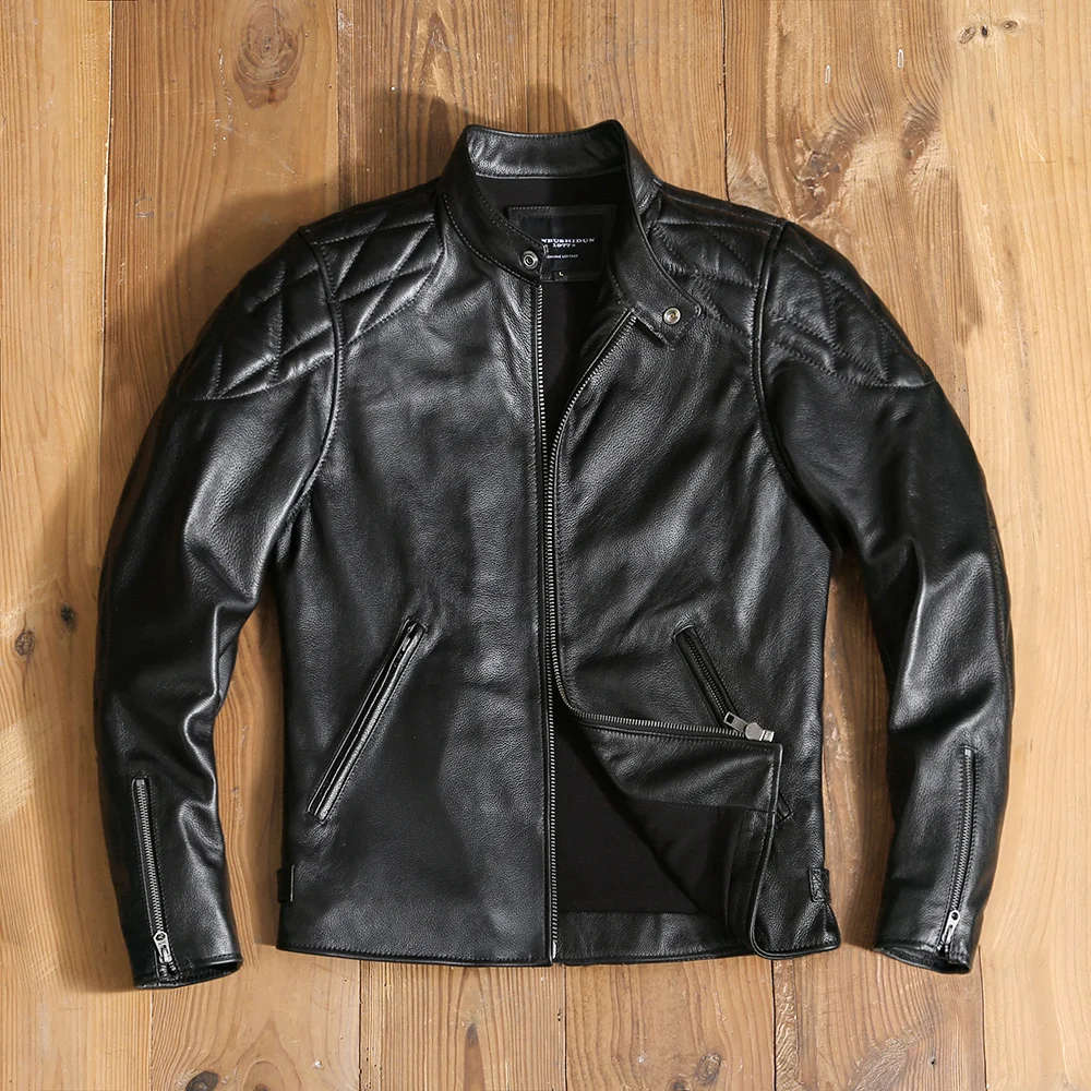 shipping.Cool men cheap Free genuine leather jacket.motor biker orgin cowhide coat.fashion black slim leather cloth.Plus size