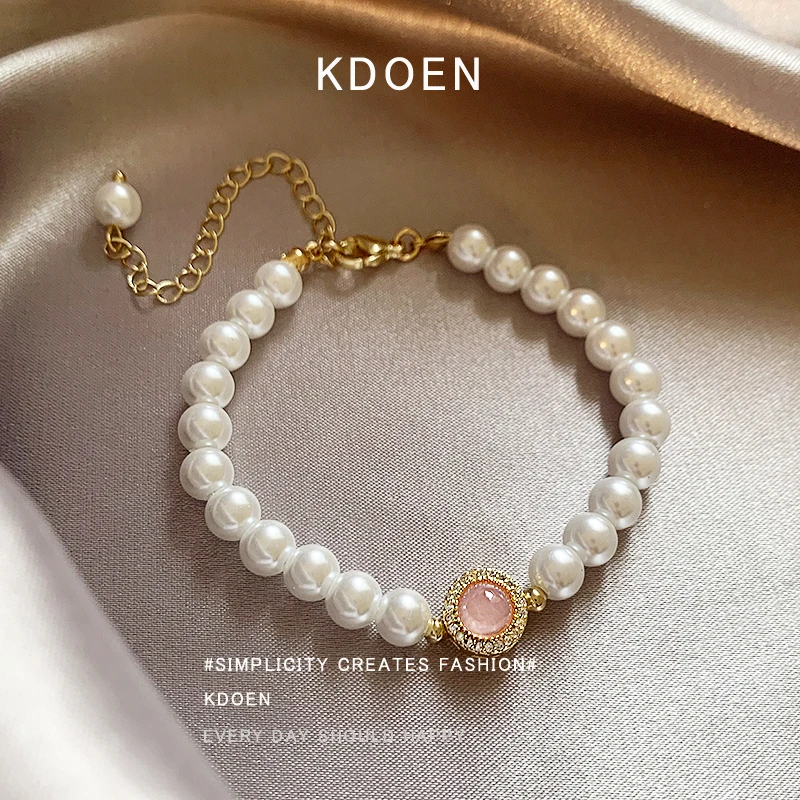 2024 Luxury Design Pink Opal Pendant Bracelets For Women\'s Girl‘s French Elegant Pearl Beaded Bracelet Sweet Accessories Jewelry