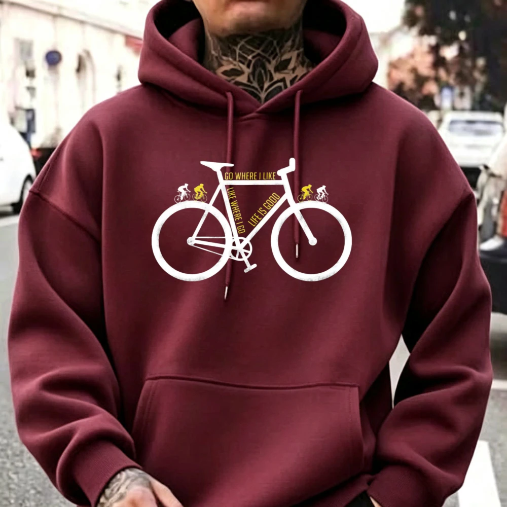 Minimal Road Bike Frame with Cyclist Silhouette Text Men Pullover Hoodie Cycling Enthusiast Hooded Sweatshirt Sports Casual Tops
