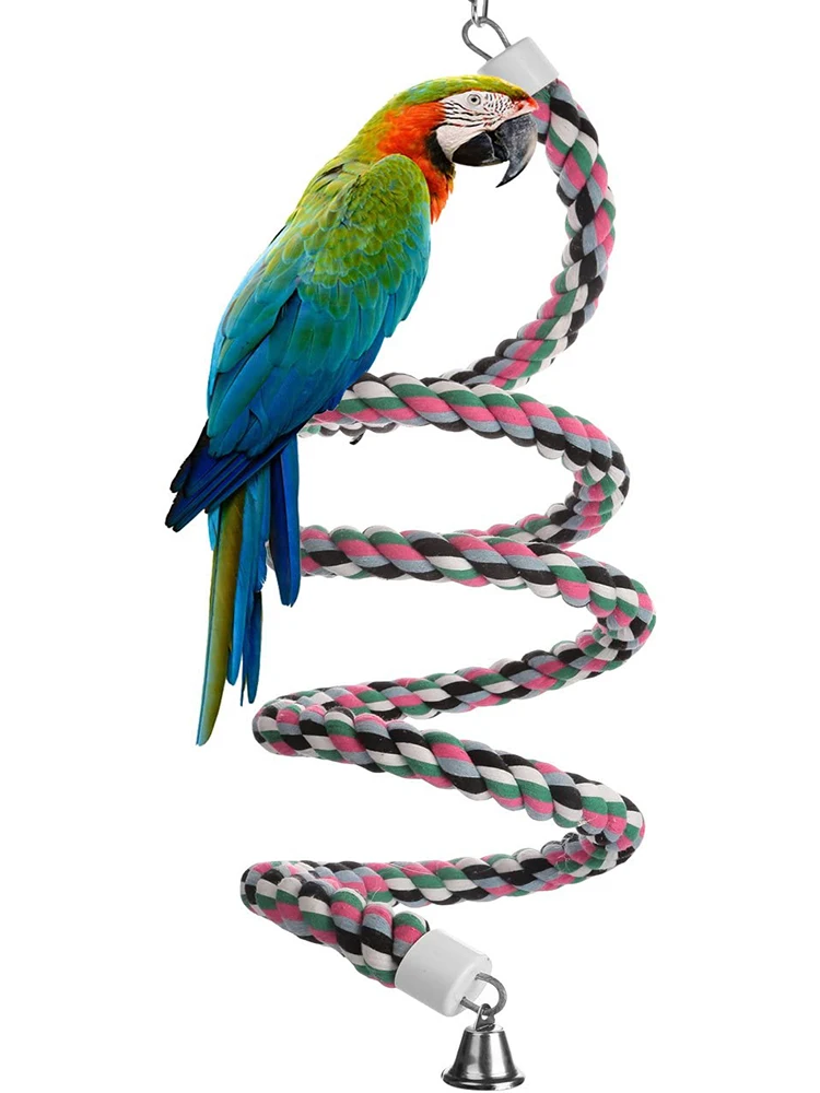 2.4Metre Long  Bird Spiral Rope Perch, Cotton Parrot Swing Climbing Standing Toys with Bell   Bungee Parrot Toy