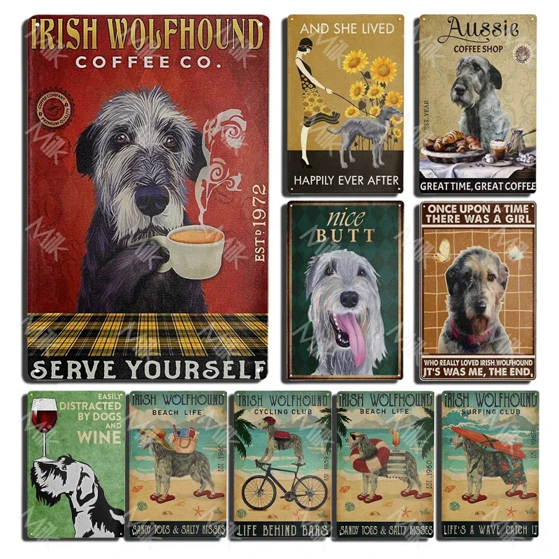 Divertido letrero de Metal, Wolfhound irlandés, café, empresa, perro, baño, dormitorio, cafetería, decoración de pared, día del trabajo, pintura de póster de Halloween
